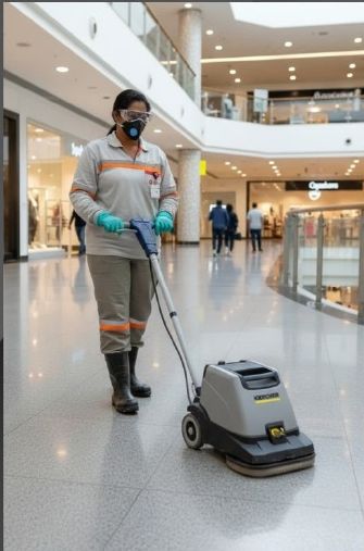 Colaboradora Samma realizando limpeza em shopping